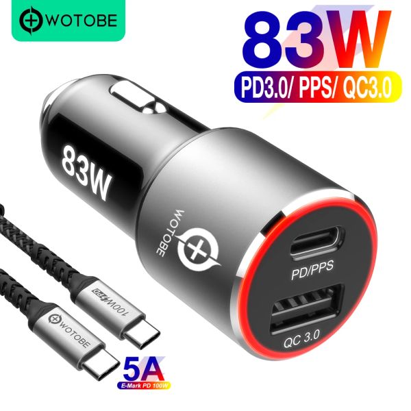 Carregador de carros Chargers 83W, 1Port USB C PPS/PD 65W/45W/30W/18W, 1PORT QC3.0/AFC para laptop Tipo C iPhone14 11/SE S10/S20/Nota 10 XPS 13/15/17