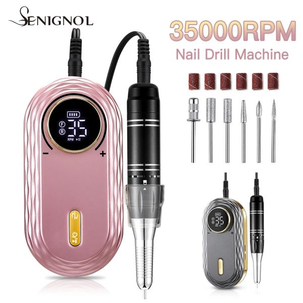 Drills Senignol 35000rpm Máquina de perfuração de unhas LCD Visor portátil recarregável para ferramentas de pedicure manicure equipamento de unhas profissionais