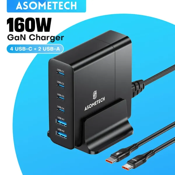 Chargers 160W Gan USB C Estação de carregamento rápido PPS PD QC Carga rápida 6 Portas Carregador de desktop para MacBook iPad iPhone 14 13 Laptop Samsung