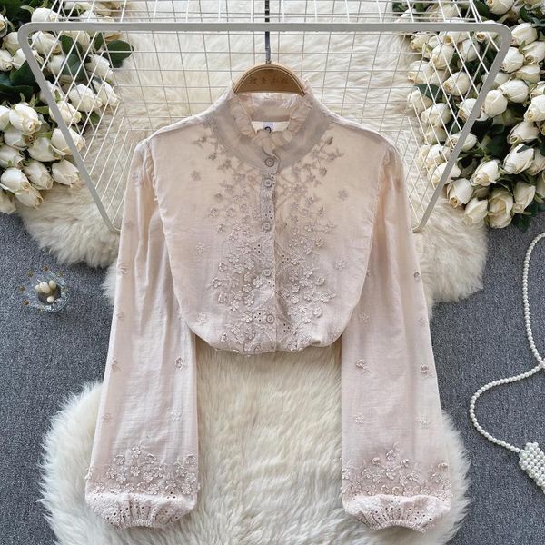 Frauenblusen Bohemian Bluse für Frauen Knopf Puffärmel Stickerei Blusa Feminina Feste Farbe Frühling koreanischer Stil Camisas süß