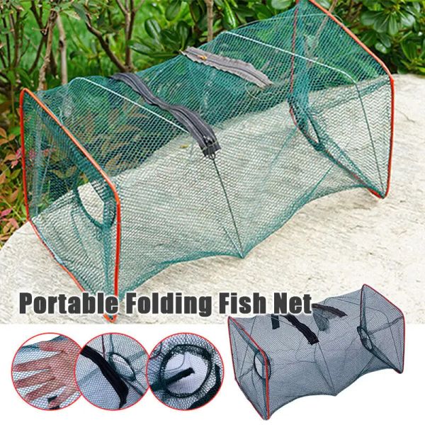 Accessoires 1pcs faltbare Fischerei Garnelenfische Krabben Köder Net Trap Guss Dip Käfig 2 Löcher