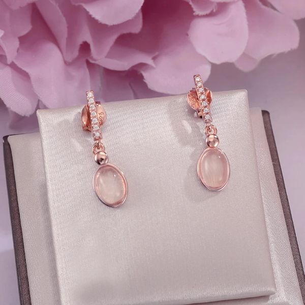 Brincos jóias finas S925 Brincos de queda de prata esterlina para mulheres 100% Natural Gemstone Pink Rose Quartz Oval Wedding Brincos ccei006