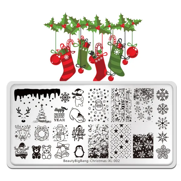 Art BeautyBigbang Weihnachten Nagelkunst Druckstempelvorlagen Edelstahl Schneeflockendruckplatten Weihnachten Geometrische Briefmarkenschablone