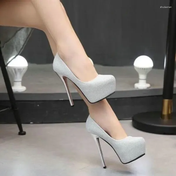 Elbise ayakkabıları süper 14cm yüksekte topuk podyum sivri uçlu ayak parmağı stiletto bling payet platform topuklu parti seksi kadın pompa