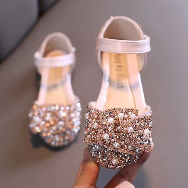 Sandali estivi bambine sandali bambini sandali per bambini bambini scivolano su perle cristalli single principessa scarpe romane dimensioni 21-36 240423