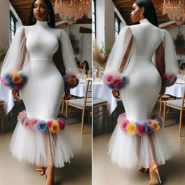 Lässige Kleider weiße afrikanische dehnbare Meerjungfrau Maxi Puffärmel Blume Knöchel Länge Frauen zum Feiern ASO EBI Hochzeits Gastkleid