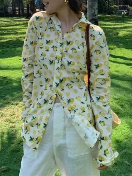 Camicette da donna camicia stampa limone giallo collare petto minimalista bottoni coperti femminile 2024 camicetta estiva primavera