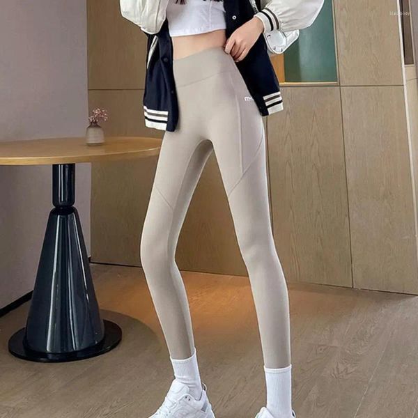 Leggings femininas calças esportivas femininas de cintura alta magra de cor sólida de cor macia de cor de bolso de bolso de bolso de ioga de ioga