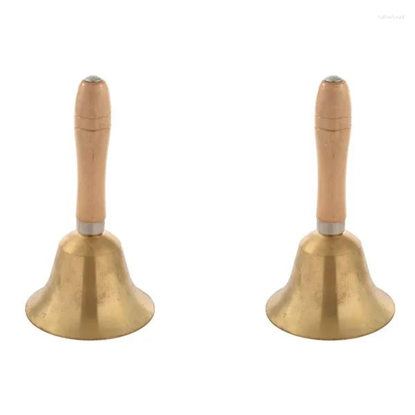 Figurine decorative 2x ottone solido in legno manico in legno Cena di legno Shop in legno El Hand Bell Gold