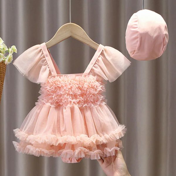 Badebekleidung Mode Badeanzüge Fliege Slevetutu Dres mit Cap Kids Tulles Kleid Baby Mädchen Süße Badebekleidung Set 2024 Neue Sommerkleidung Strand Dres