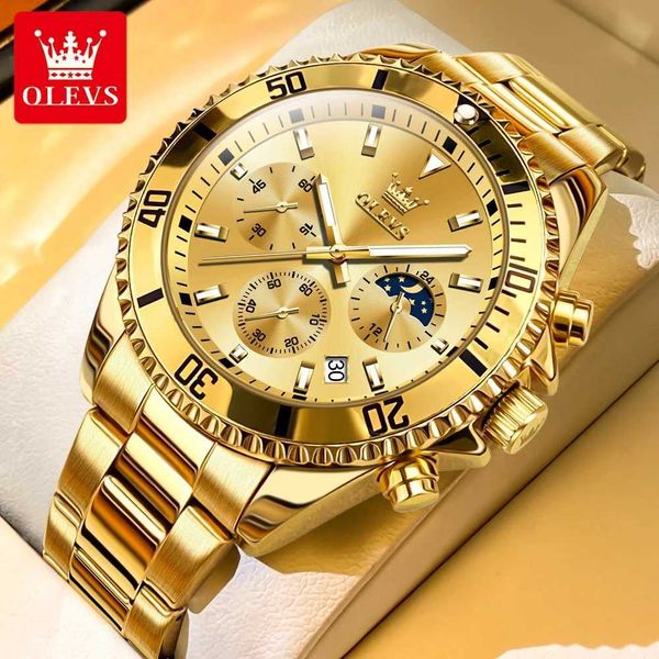 Наручительные часы Olevs Luxury Golden Watch для мужчин Модные водонепроницаемые мужские наручные часы Оригинальный топ-бренд Moon Phase Quartz Mens Watches High-end 240423