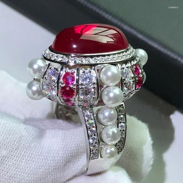 Ringos de cluster Ring Ruby Pearl Diamond Ring Real 925 Sterling Silver Party Weding Band para homens Presente de jóias de noivado