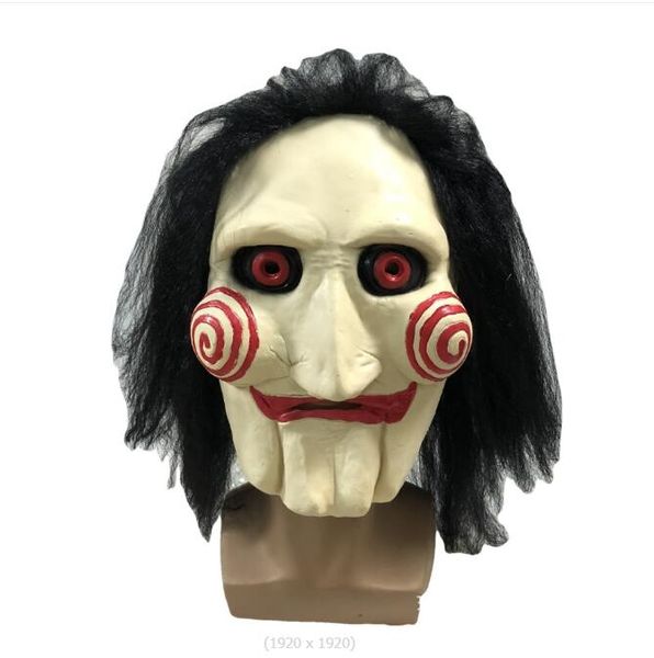 Film Saw Chainsaw Massacre Jigsaw Puppenmasken mit Perücken Haar Latex gruselige Halloween Horror Scary Maske Unisex Party Cosplay Prop 2024424