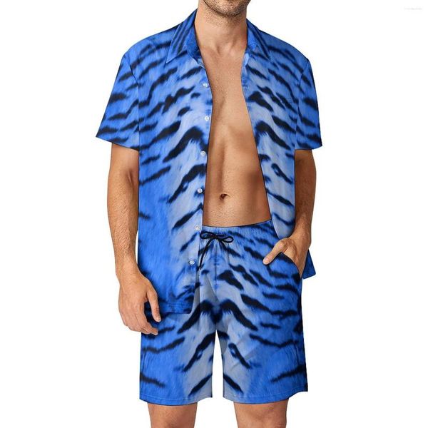 Men's Tracksuits Tiger Skin Print Men Sets Blue listrado shorts casuais Camisa de férias de férias de verão traje de rua