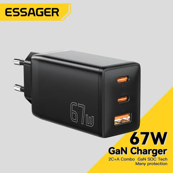 Essager Chargers 65W Gan USB C carregador PD QC 4.0 3.0 Tipo C Carga rápida para Samsung iPhone 1514 13 Pro Phone MacBook Laptop Fast Chagers