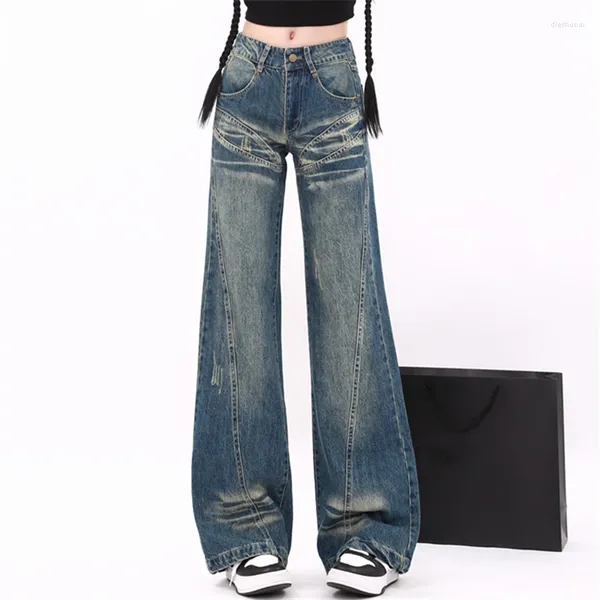 Frauen Jeans Patchwork Design Weitbein blauer Baggy Vintage American Street Bottoms junges Mädchen Casual Hosen weibliche lose Hosen