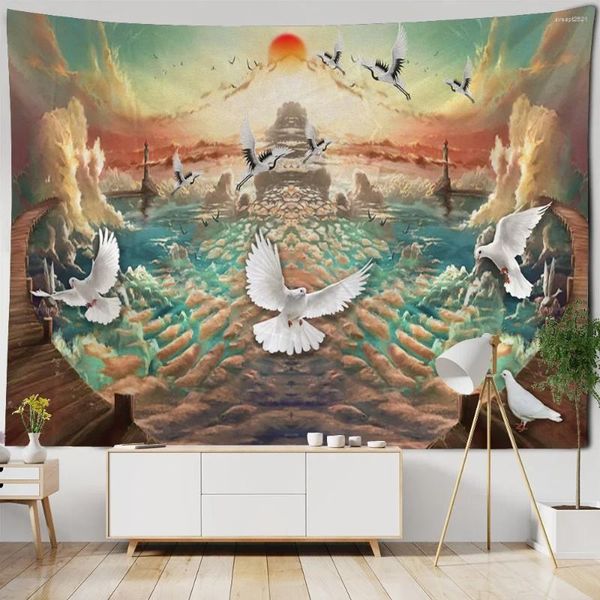 Wandteppiche europäischer Stil Sea View Ölmalerei Tapisserie Retro Art Print Wandhänge Stoff Dreumy Hippie Schlafzimmer Studie Dekoration