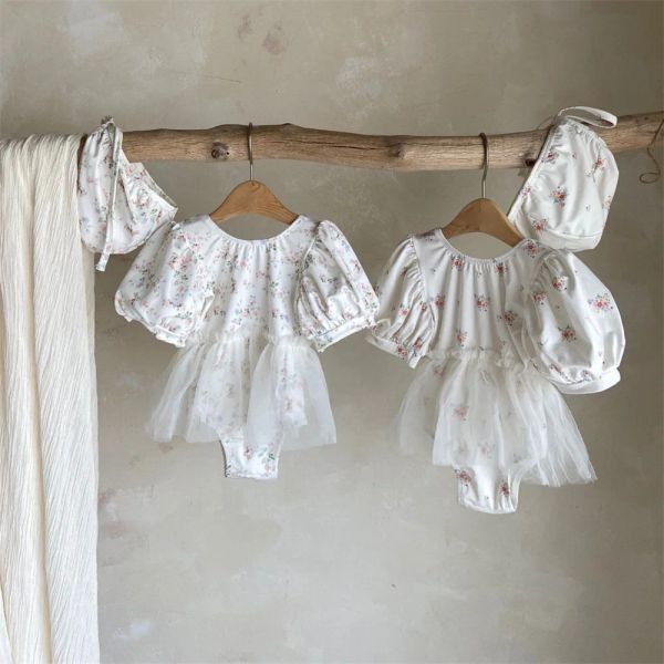 Roupas de banho de banho de banho para menina para menina verão floral tutu princesa baby menina roupas de banho com chapéu