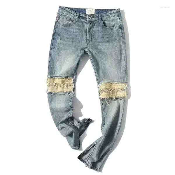 Pantaloni da cowboy maschio jeans maschio punk rotto per uomini pantaloni slim fit tubi strappati magri con buchi di fili denim