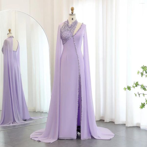 Partykleider türkis chiffon hellviolettes Dubai Abendkleid mit Umhang Ärmel Fuchsia Lilac Arabische Frauen Hochzeitskleider