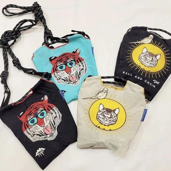 Bolsas de ombro tigre bordado eco saco de bolsa de nylon bolsas de nylon mini compras de bolsas de compras designer para feminino corda