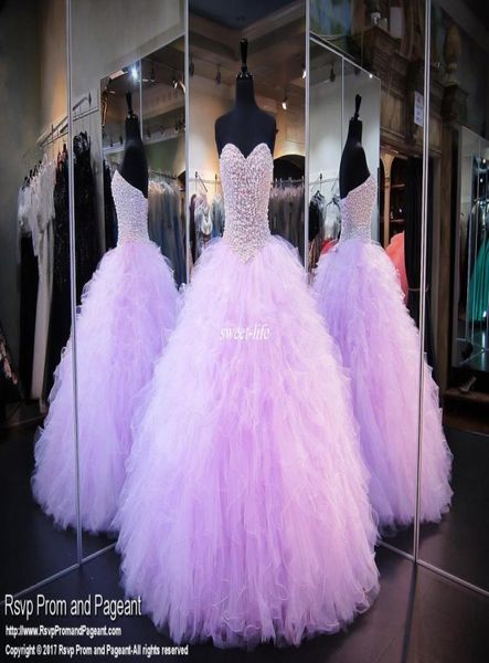 Bellissimi abiti da quinceanera Lavender Sweetheart Corset Crystals Pearls Ruffles Tulle 2019 Debuttante su misura Sweet 16 Prom P8134427