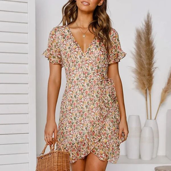 Frauen Kleider Sommer sexy v Hals Blumendruck Böhmen Böhme Strandkleid Rüsche Kurzarm eine Linie Mini Sundress Robe 240418