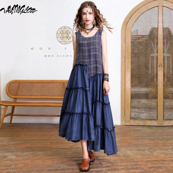 Abiti casual Donna abbigliamento 2024 Summer Girls Denim Tank Ploid Patchwork Sleevelessing Vestidos Ordino irregolare Abito lungo 82519