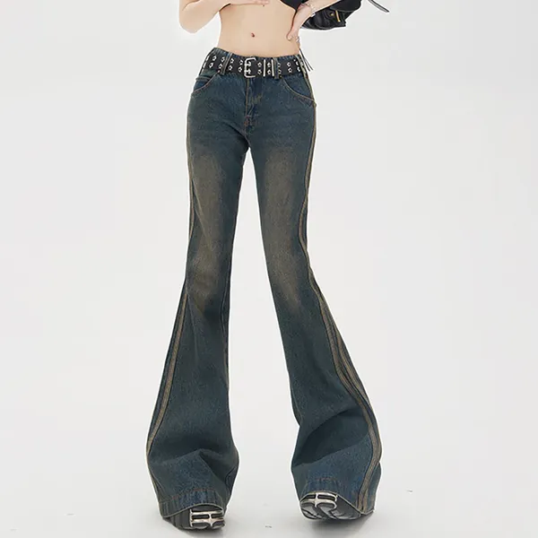 Женские джинсы винтажные пэчворки рассеяли женщины с низкой талией, женщина, случайные тощие колокольчики джинсовые штаны Femme