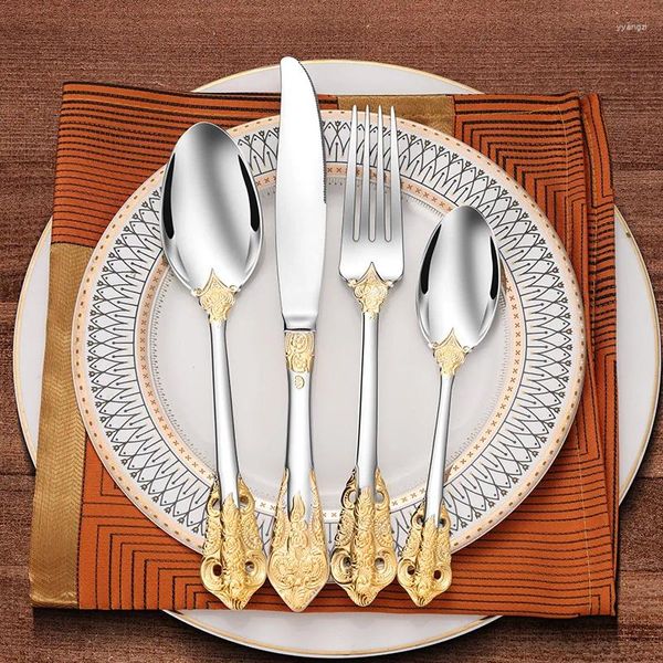 Geschirrsets sets retro geprägte goldene Blume Edelstahlmesser -Gabel und Löffel High End Western Tailware