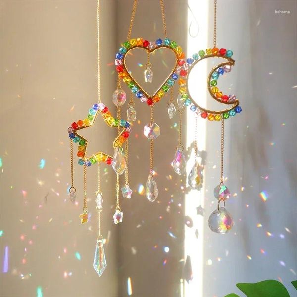 Estatuetas decorativas de cristal sun luz apanhador de arco-íris suncatcher lua lua em forma de vento em forma de vento pendente de pingente de ornamento