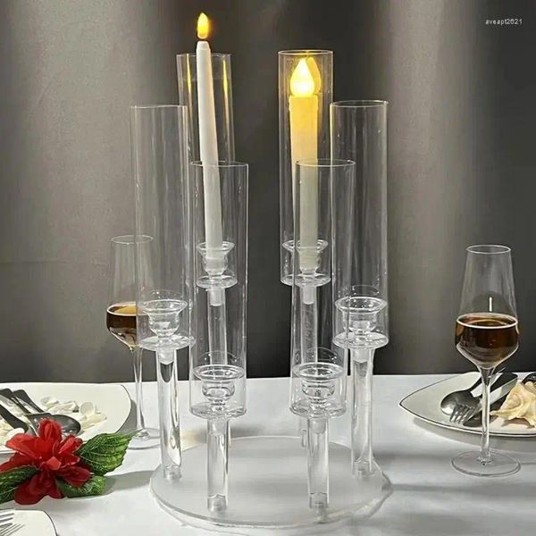 Kerzenhalter 4pcs/12pcs Cluster -Säulen -Votiv -Rundhalter moderner klarer Acryl Candelabra -Mittelstück 5 Arm mit LED -Kerzen