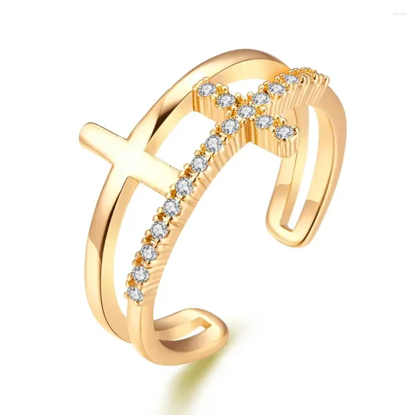 Clusterringe kupferplattierte platinverstellbare offene Doppelzirkonkreuz Frauen Ring Engagement Fingerschmuck Mädchen Großhandel Großhandel Tropfen