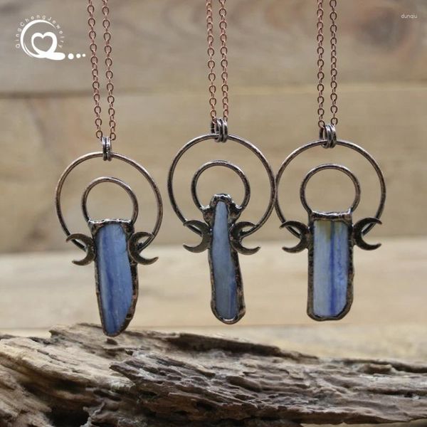 Colares pendentes fatias de cianita pingentes de cobre antigo colar de bronze soldado azul de quartzo azul -lua acessórios para jóias retrô