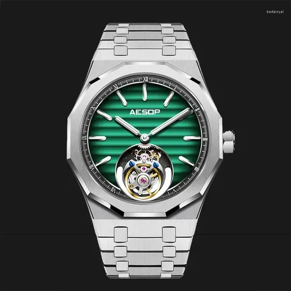 Orologi da polso aesop maschile volare tourbillon orologio gradiente doppio quadrante cavo super luminoso 7057 sapphire manuale maschile avvolgimento meccanico