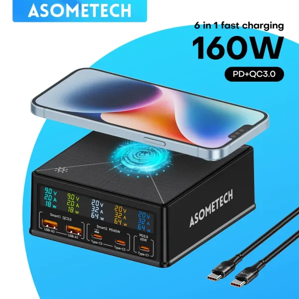 Ladegeräte 160W Gan USB Ladegerät 15W Wireless Lading LCD Display USB C PD 65W QC Schnelles Ladegerät für iPhone 14 Samsung Xiaomi Laptop