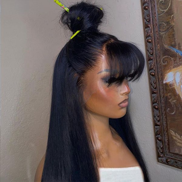 Sexay Kopfhautknall menschliches Haar Perücken mit Pony Raw Indian Human Haarton Fransen Perücken gefälschte Kopfhaut 200 Dichte Synthetische Spitzen -Vorderperücken für Frauen
