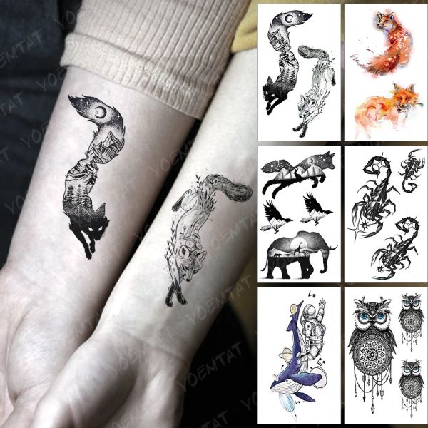 Tattoos 3D Tatto de tatuagem impermeável 3D Adesivo Fox Sky Mountain Flash Tatoo Floresta Sun Lua BRANCO TATTO FALSO PARA OBRIRA MULHER MAN HOMENS