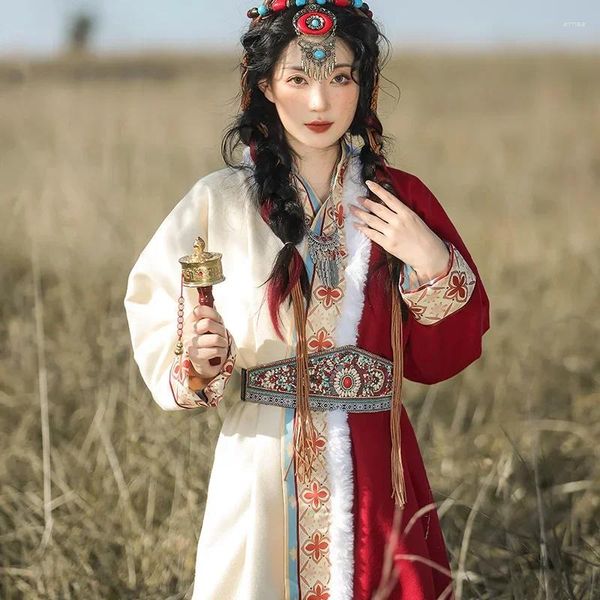 Stage desgaste mulheres diariamente outono e inverno chinês estilo aprimorou elementos han roupas tibetanas trajes de dança étnica