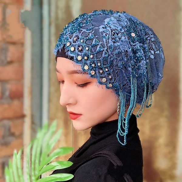 Роскошная бисера кисточка Tassel Turban Dubai Fashion Party Hijab Cap Summer Lace Mesh Bonnet Hat мусульманский головной платок женские аксессуары для волос 240410