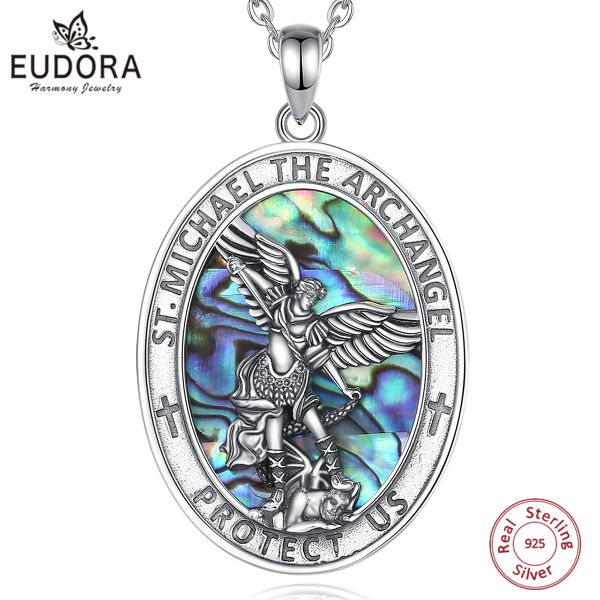 Halskette Eudora 925 Sterling Silber St. Michael Erzengel Halskette für Männer Frauen Abalone Muschel Michael Christian Anhänger Religiöser Schmuck