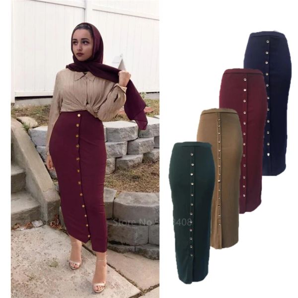 Roupas Moda Moda Muslim Elegante Saia Islâmica Dubai Turco Sólido Mulheres Mulheres Hight Buttons Partem