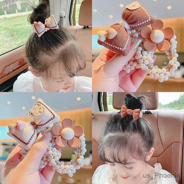 Accessori per capelli Nuovi bambini Cute Elegant Pearl Flower Bow Bande per capelli elastici ragazze adorabili dolci elastici per bambini Accessori per capelli