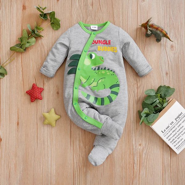 Pieces Spring e Autumn Boys and Girls Cartoon Chameleon 3D Design de manga comprida Baby Wrap Foot Bodysuit