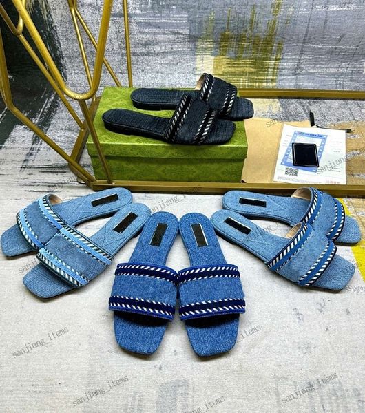 Moda Bordado Sandálias Denim Slipper Slipping On Slides Canvas Flats Sapatos femininos azul claro 35-42 MULES Designer Beach Bordado listrado Sapatos de desgaste fácil de desgaste