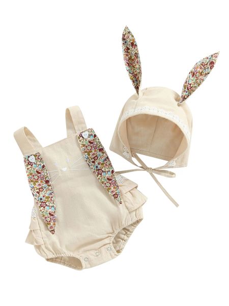 One-Pieces Baby Girls Osteroutfit Hase Strampler Rüschen ärmellose Body-Overall mit Hasenohrhut 2pcs Set