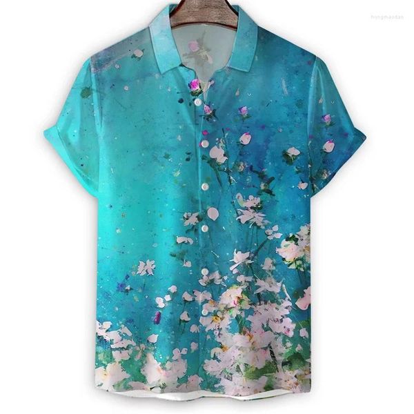 Camisas casuais masculinas Pintura chinesa Flores camisa homens verão 3d Impressão de manga curta T Tops Fashion Harajuku Botão Blusa da lapela