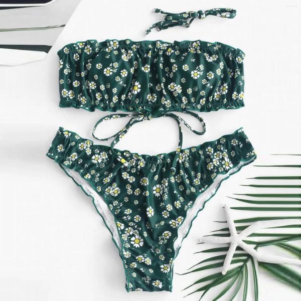 Menas de banho feminina Férias de verão sem alça de praia de praia doce doce fresco estampa floral bandeira de biquíni de biquíni de fêmea nadar