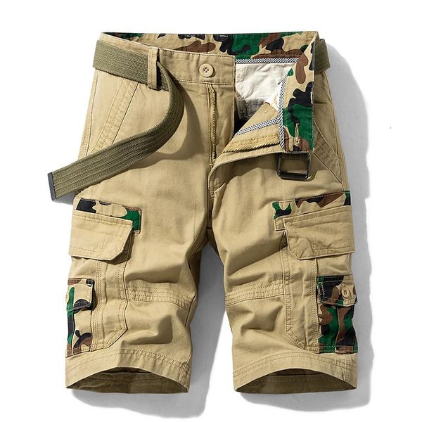 Mens camuflagem de camuflagem shorts relaxados de algodão de algodão de verão Multi Pockets Caminhando Militar Black Geral 240412