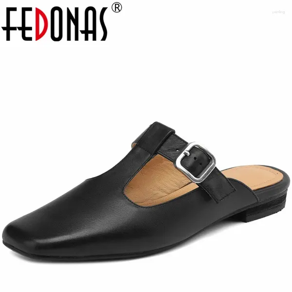 Scarpe casual Fedonas con tacchi bassi concisi donne pantofole quadrate di muli in pelle vera pompe 2024 sandali da donna che lavorano estate